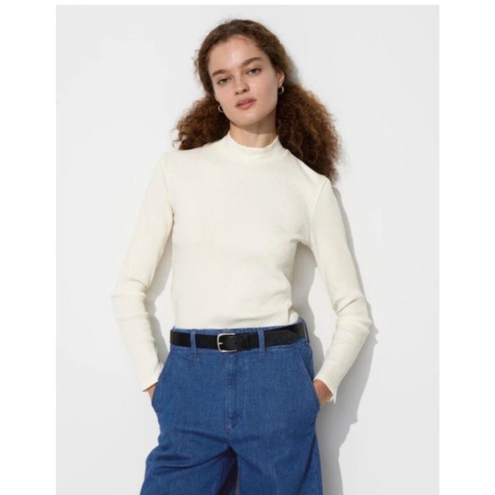 Uniqlo Cotton Blend Ribbed Ivory Mock Neck Sweater Small
